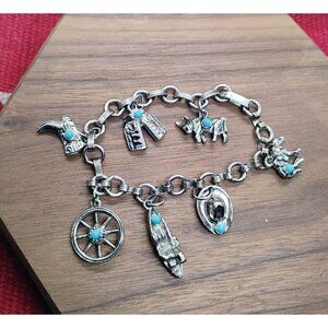 Vintage Western Charm Bracelet Silver Tone Faux Turquoise Cowgirl Cowboy